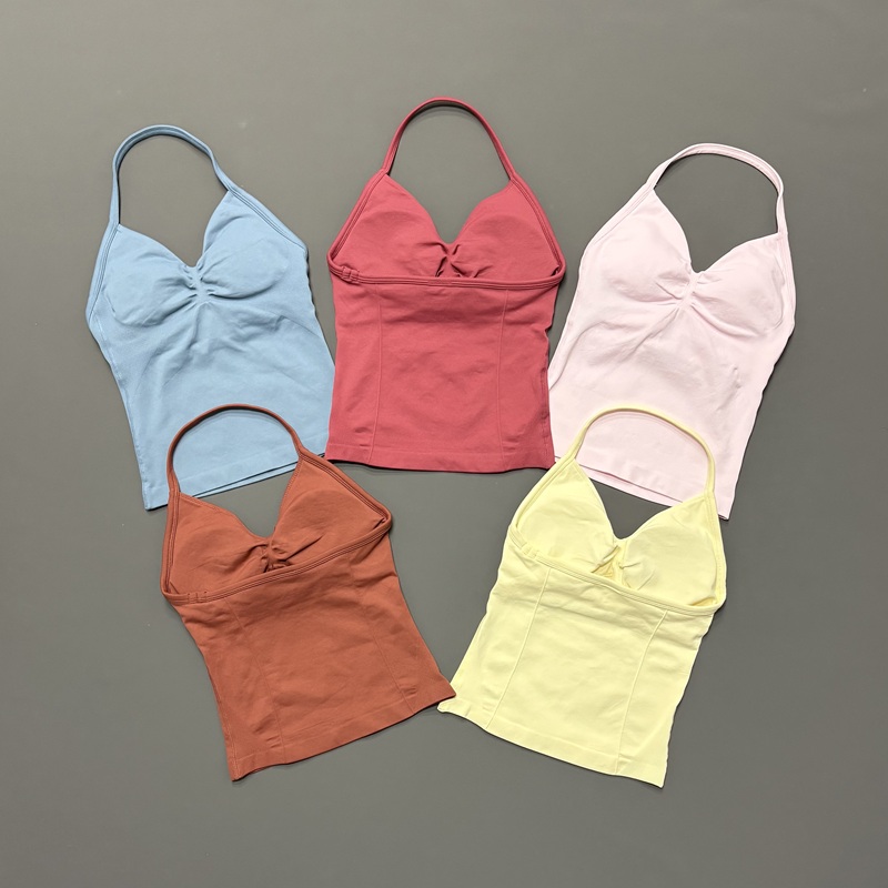 Yoga Mat For Fitness - ジム女性用スポーツタンクトップ シームレス ホルターストラップ スパゲッティストラップ 取り外し可能なブラパッド付き 速乾性