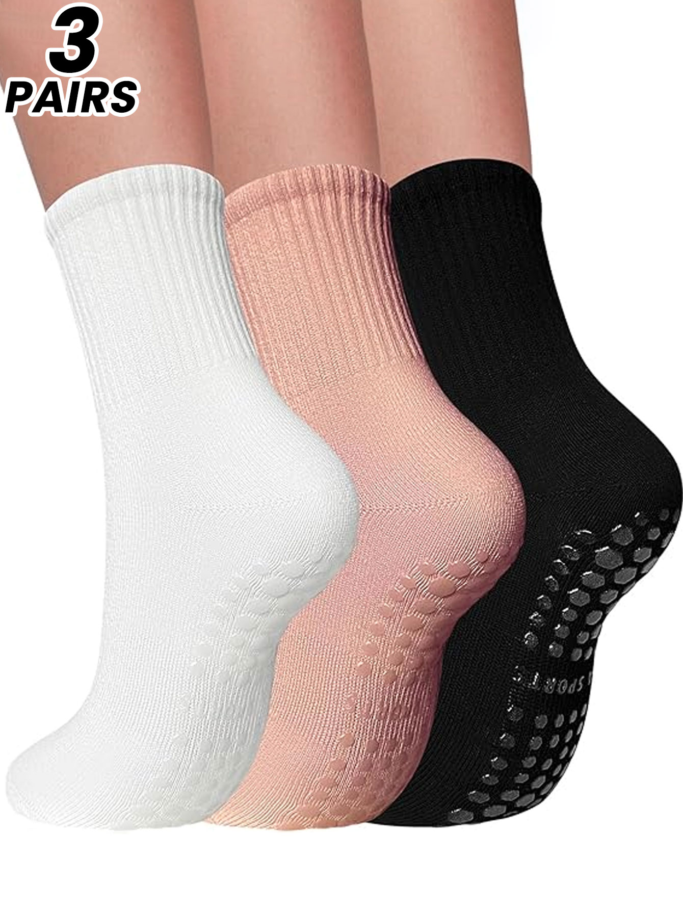 Fitness Yoga Pilates - 女性用プロフェッショナルヨガソックス3足組、屋内大人用スポーツ向け滑り止めミドル丈ソックス、フロアソックス、フィットネス用静音ピラティスソックス